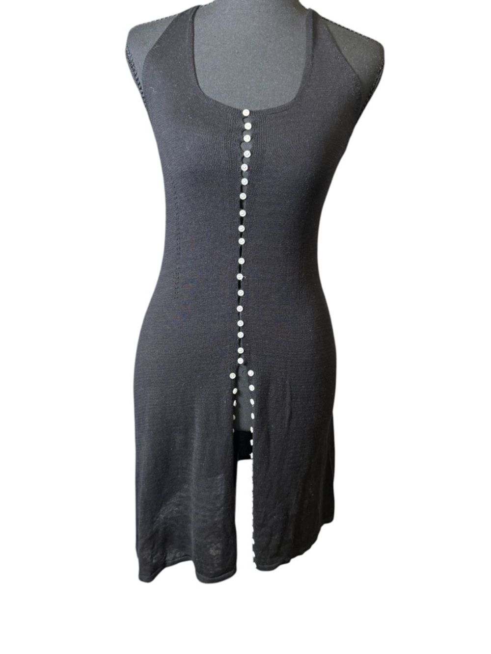 Yuka Paris Racerback Sleeveless Black 100% Silk Button-Front Knit Dress
